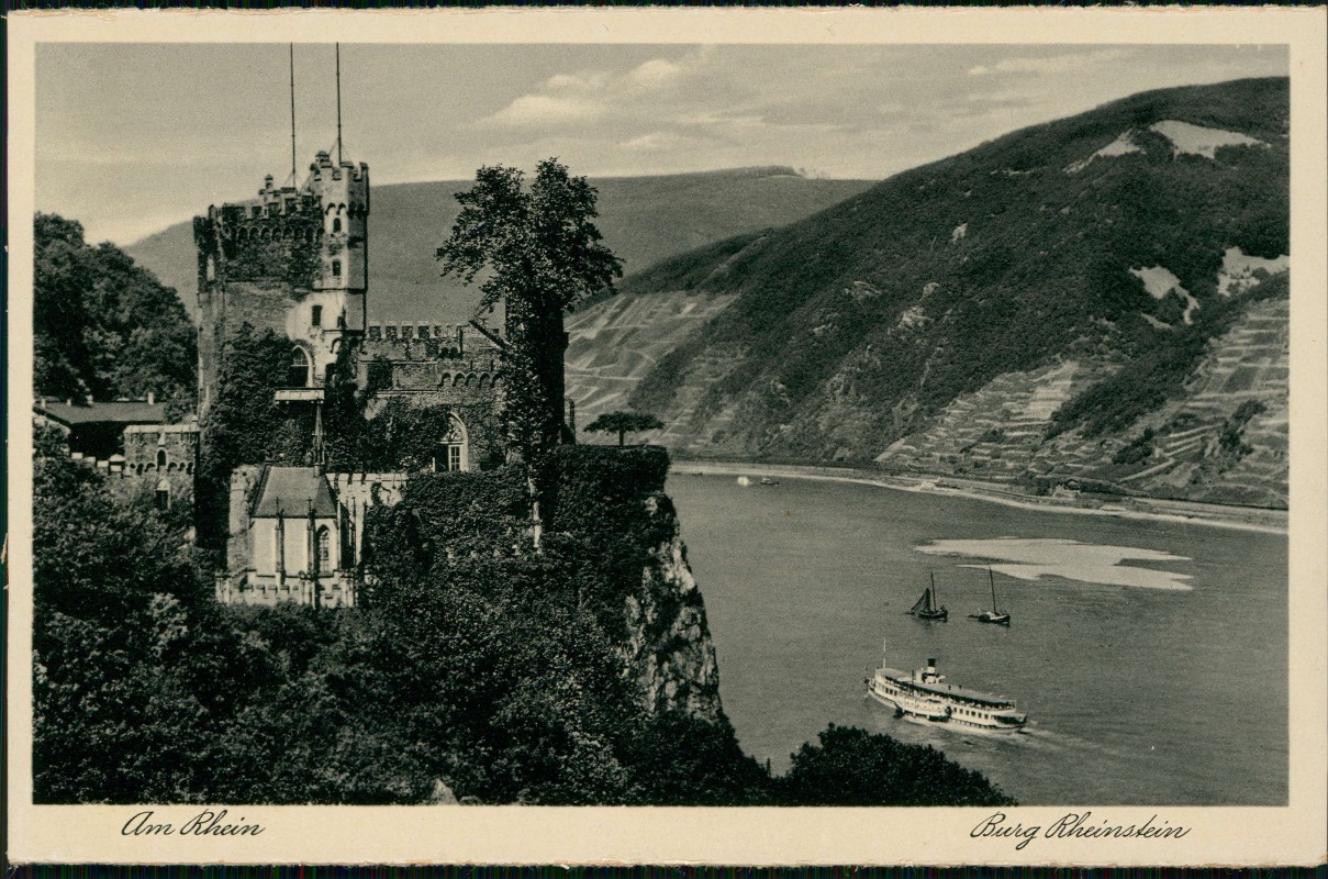 zoom: Image side vintage Postcard from 1930: Rhein Schiff Dampfer passiert Burg Schloss Rheinstein:: Bingen am Rhein
