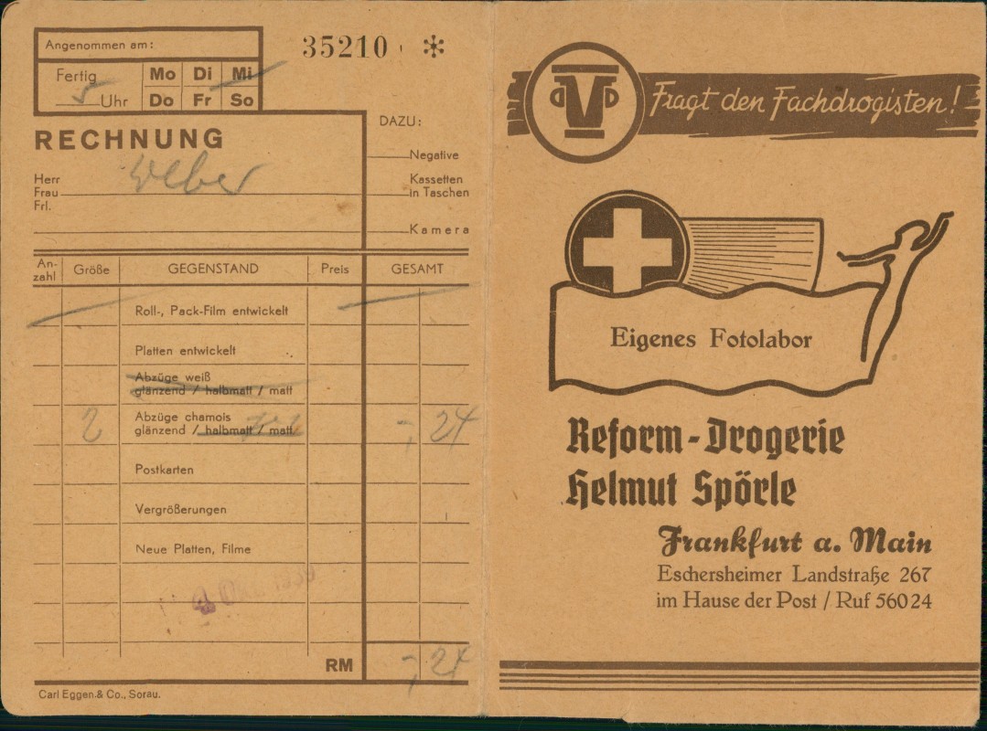 vergrößern: Bildseite historische Ansichtskarte von 1939: Reform Drogerie Frankfurt Main Rechnung::
