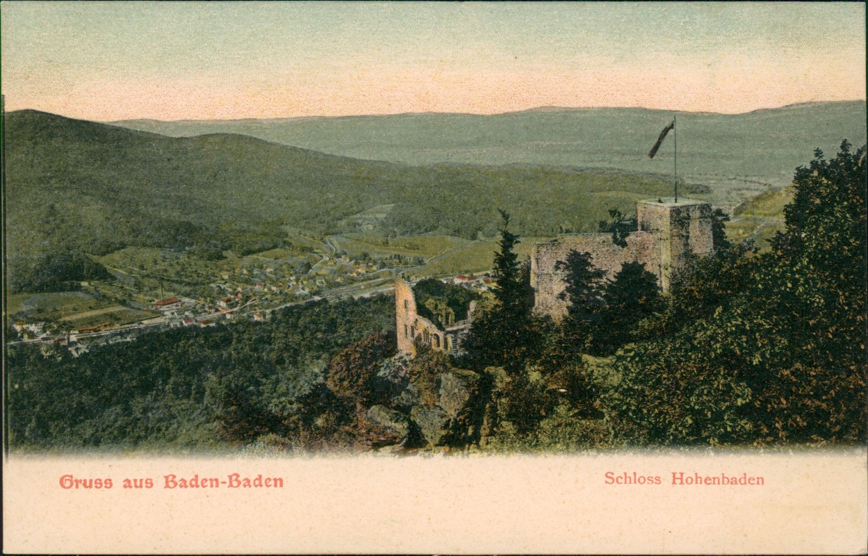zoom: Image side vintage Postcard from 1912: Schloss Hohenbaden (Altes Schloss):: Baden-Baden