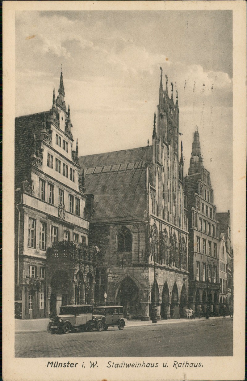 vergrößern: Bildseite historische Ansichtskarte von 1931: Stadtweinhaus u. Rathaus, Autos:: Münster (Westfalen)