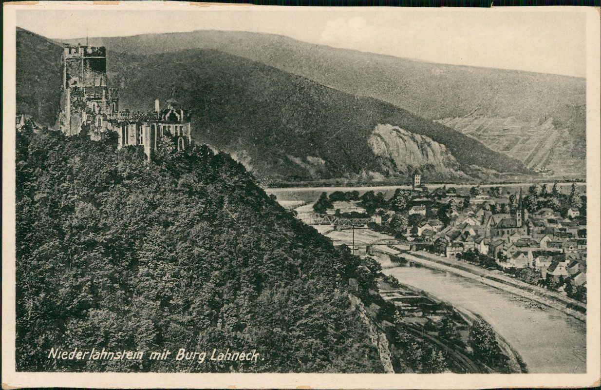 zoom: Image side vintage Postcard from 1937: Stadt Burg Lahnstein:: Niederlahnstein-Lahnstein