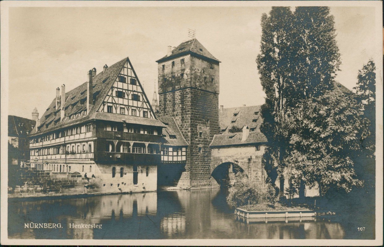 vergrößern: Bildseite historische Ansichtskarte von 1930: Henkersteg mit Weinstadel:: Nürnberg