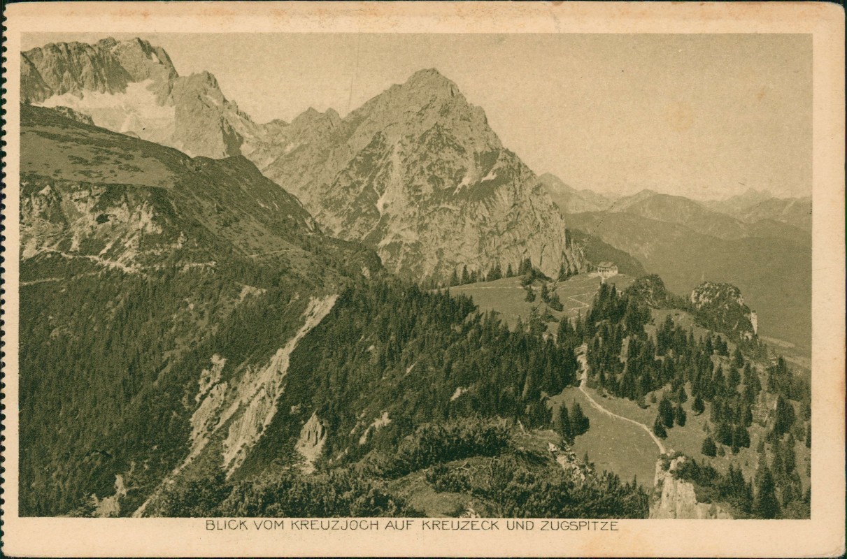 zoom: Image side vintage Postcard from 1929: Kreuzjoch Zugspitze - Wettersteingebirge:: Grainau