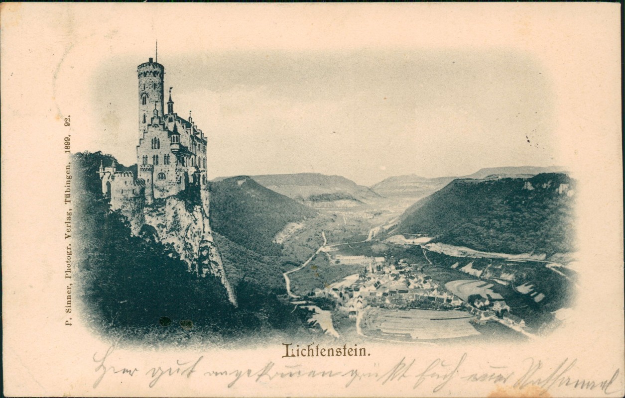 vergrößern: Bildseite historische Ansichtskarte von 1899: Schloss Lichtenstein und Stadt:: Lichtenstein (Württemberg)