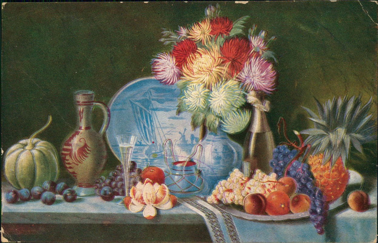 zoom: Image side vintage Postcard from 1915: Künstlerkarte Stillleben Früchte Kürbis::