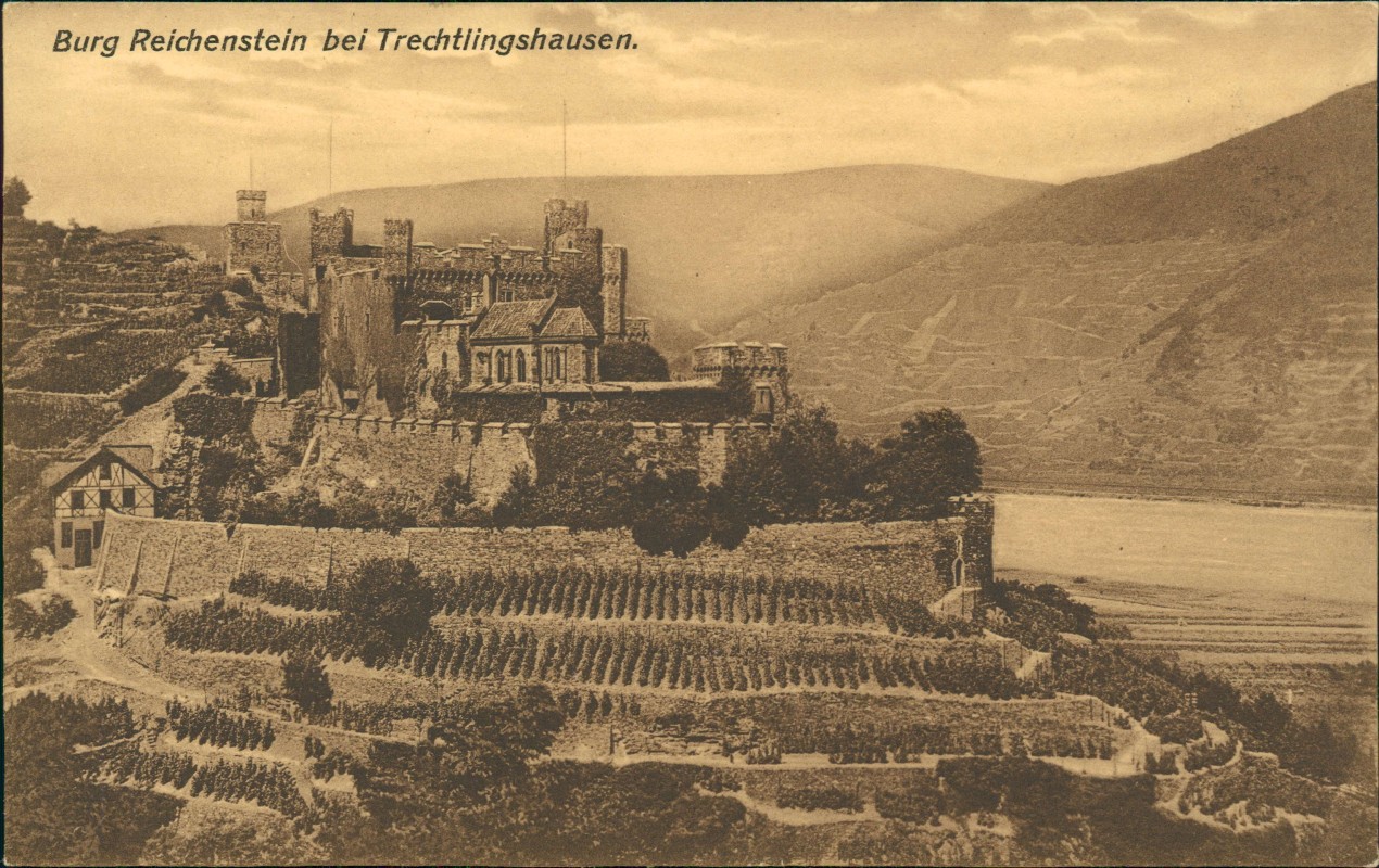vergrößern: Bildseite historische Ansichtskarte von 1909: Burg Reichenstein (Mittelrhein):: Trechtingshausen
