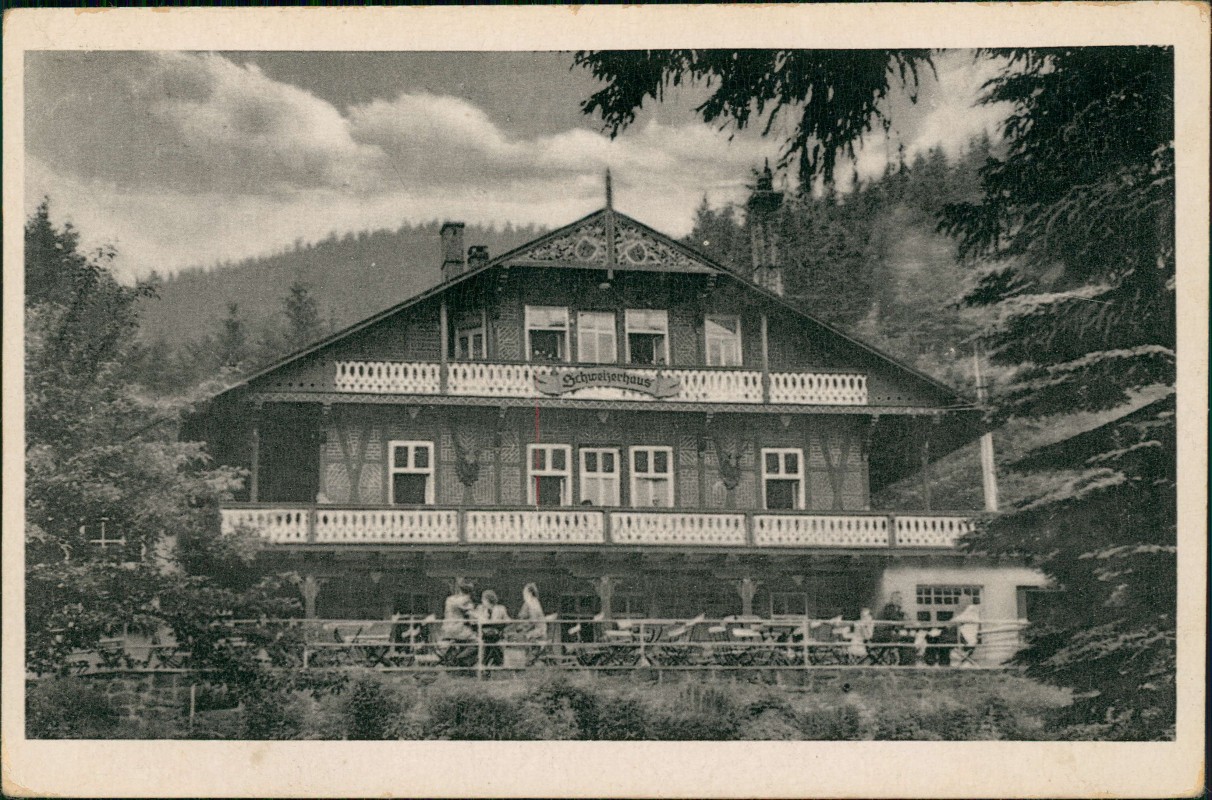 zoom: Image side vintage Postcard from 1956: Hotel Schweizerhaus:: Tabarz/Thüringer Wald