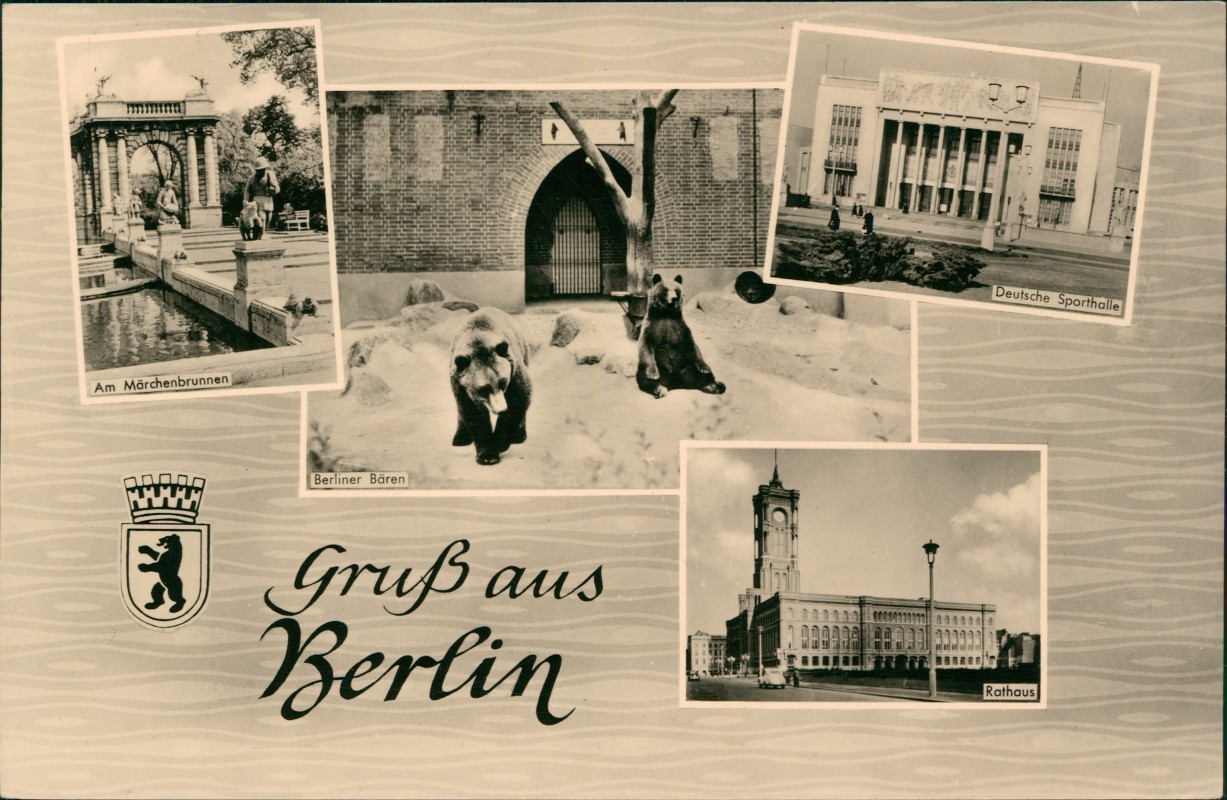 zoom: Image side vintage Postcard from 1961: DDR Mehrbild-AK Ost-Berlin mit Berliner Bären, Am Märchenbrunnen:: Berlin