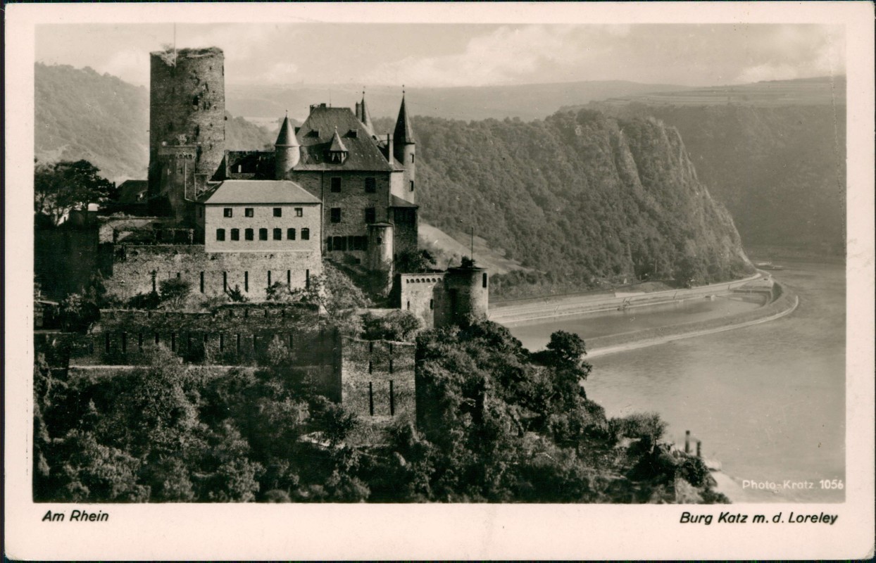 vergrößern: Bildseite historische Ansichtskarte von 1939: Burg Katz Rheintal Fotokarte:: St. Goarshausen