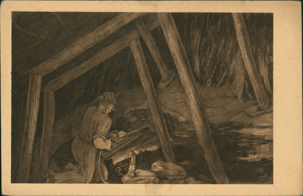 zoom: Image side vintage Postcard from 1920: TECHNICKÉ MUSEUM Ansicht Tecknikmuseum Gesteins-Sprengung:: Prague