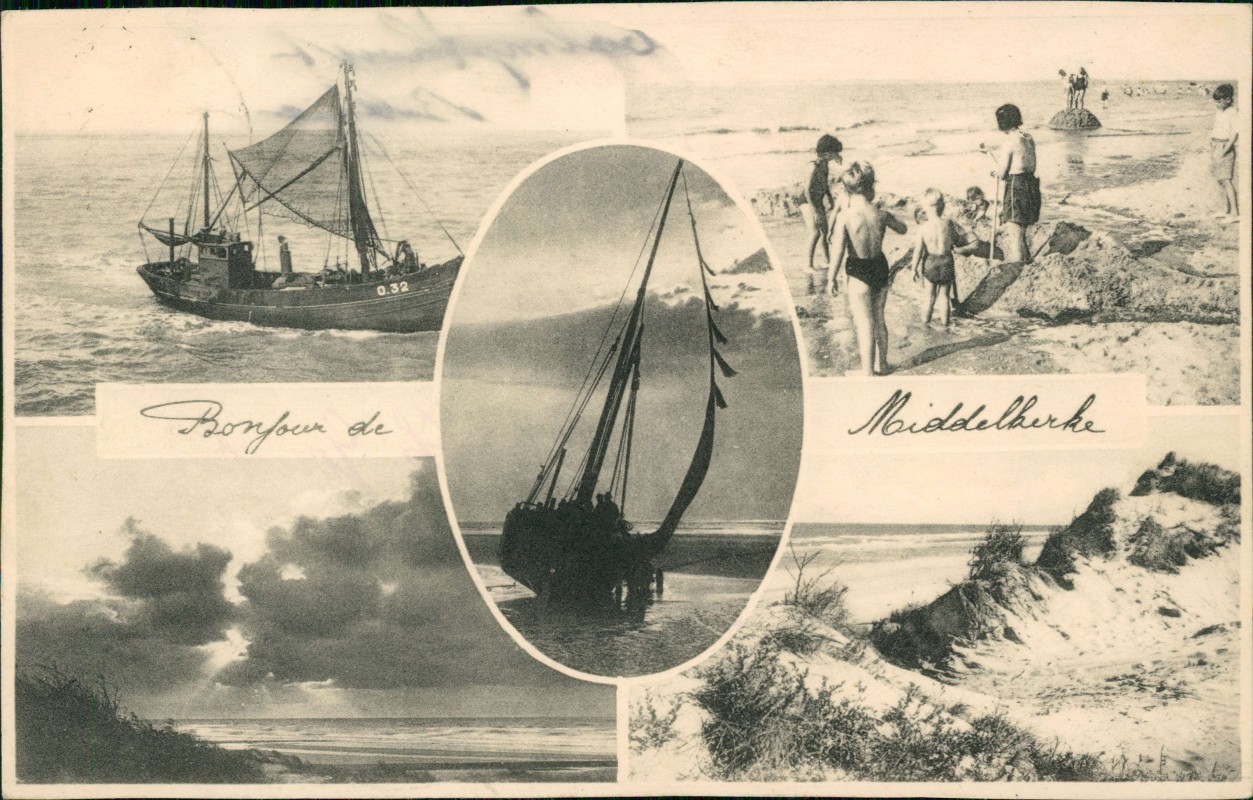 vergrößern: Bildseite historische Ansichtskarte von 1950: 5 Bild Strand Fischerboote:: Middelkerke