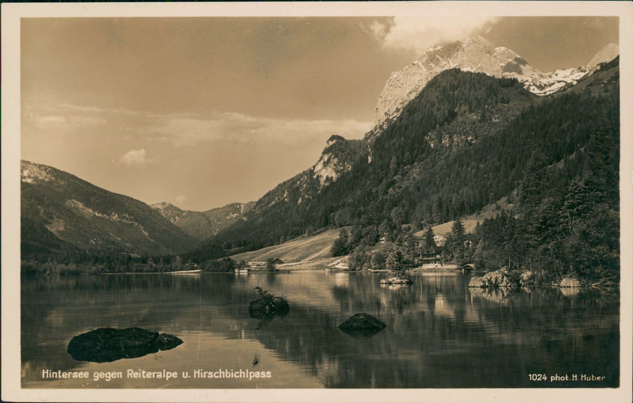 vergrößern: Bildseite historische Ansichtskarte von 1930: Hintersee gegen Reiteralpe u. Hirschbichlpass:: Ramsau bei Berchtesgaden