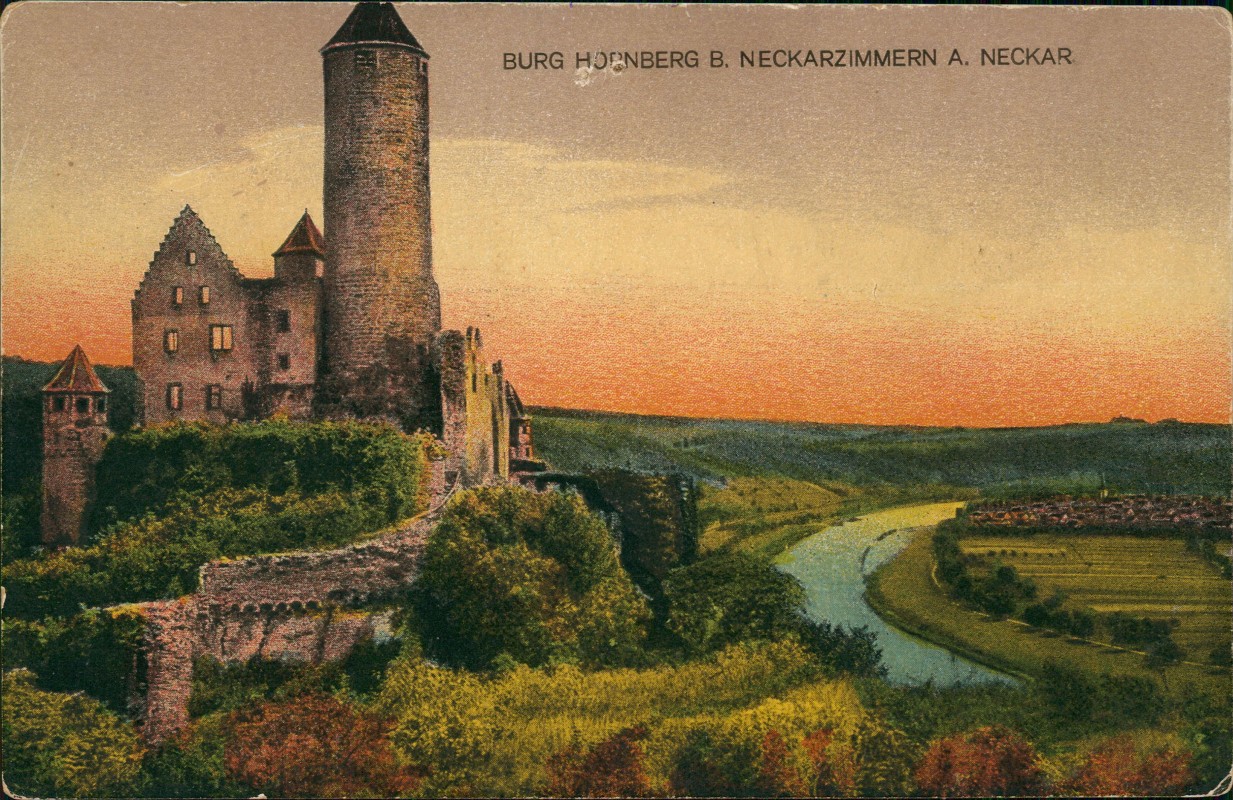 vergrößern: Bildseite historische Ansichtskarte von 1912: Burg Stimmungsbild Neckarzimmern:: Hornberg