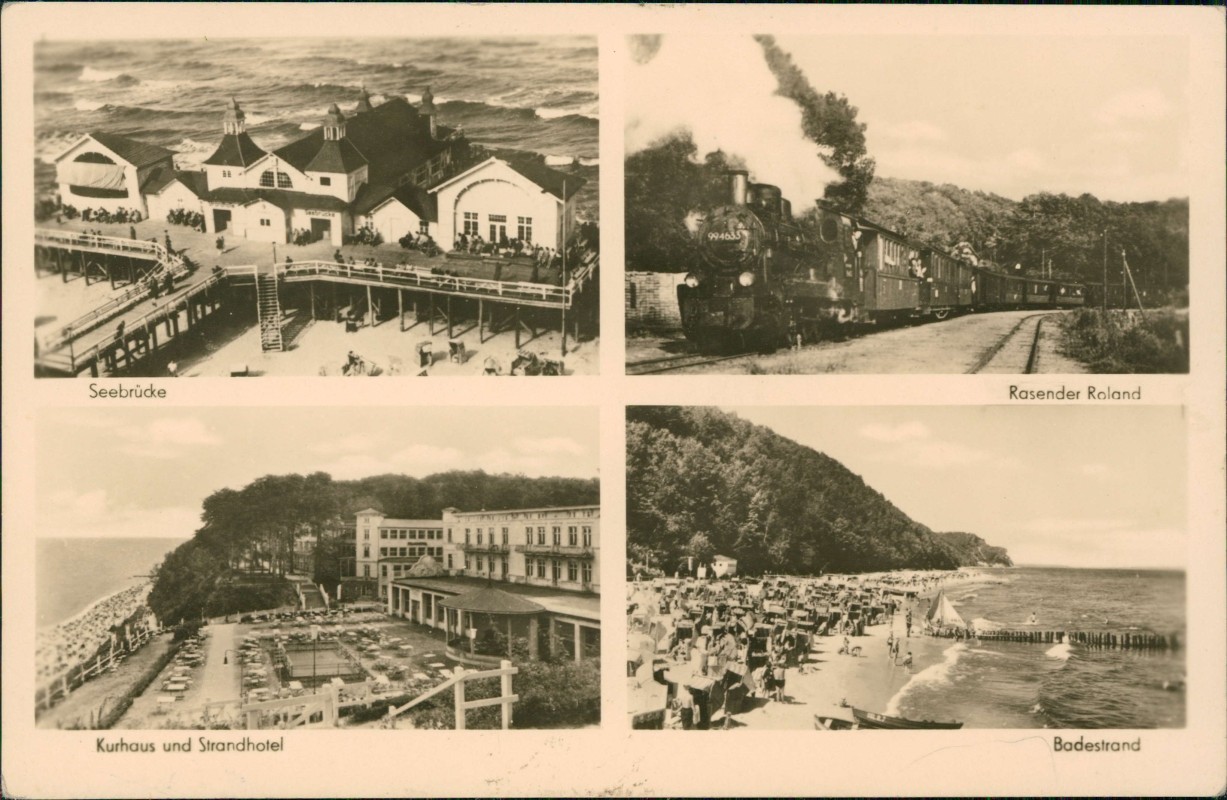 vergrößern: Bildseite historische Ansichtskarte von 1955: 4 Bild Seebrücke Rasender Roland:: Sellin