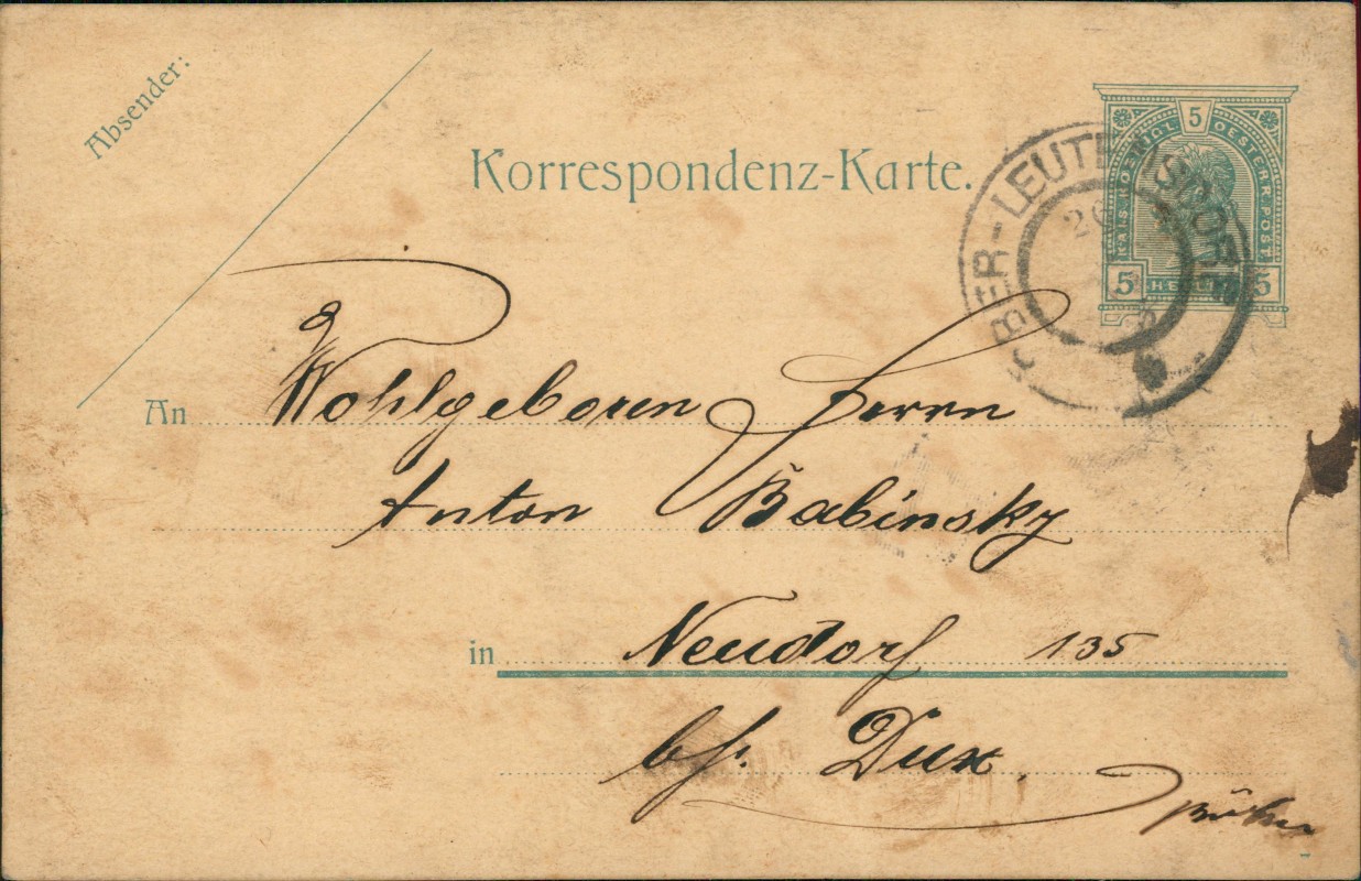 vergrößern: Bildseite historische Ansichtskarte von 1901: Korrespondenz-Karte aus Oberleutensdorf::
