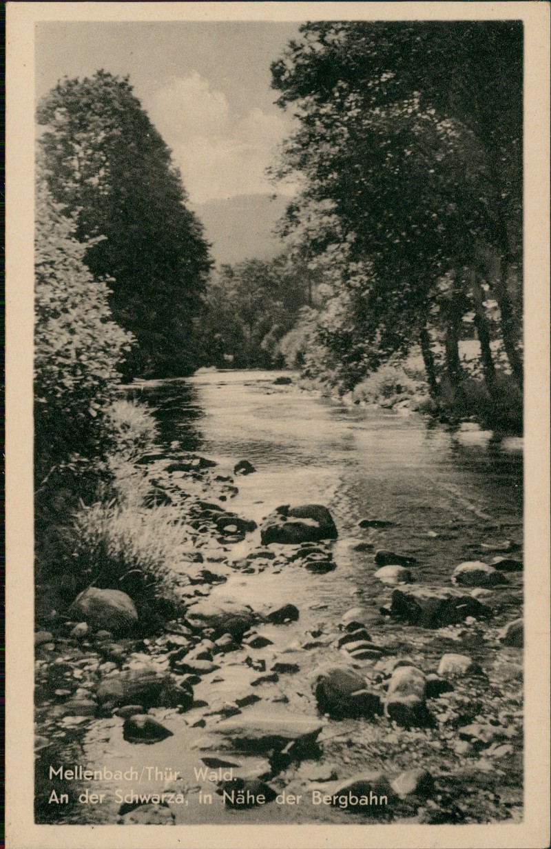 zoom: Image side vintage Postcard from 1954: An der Schwarza, in Nähe der Bergbahn:: Mellenbach-Glasbach