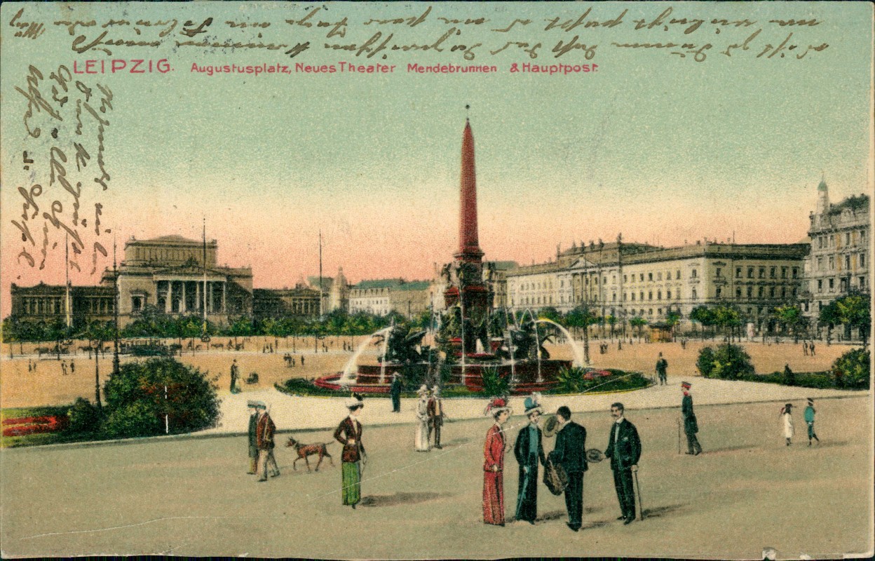 zoom: Image side vintage Postcard from 1913: Augustusplatz feine Herrschaften:: Leipzig