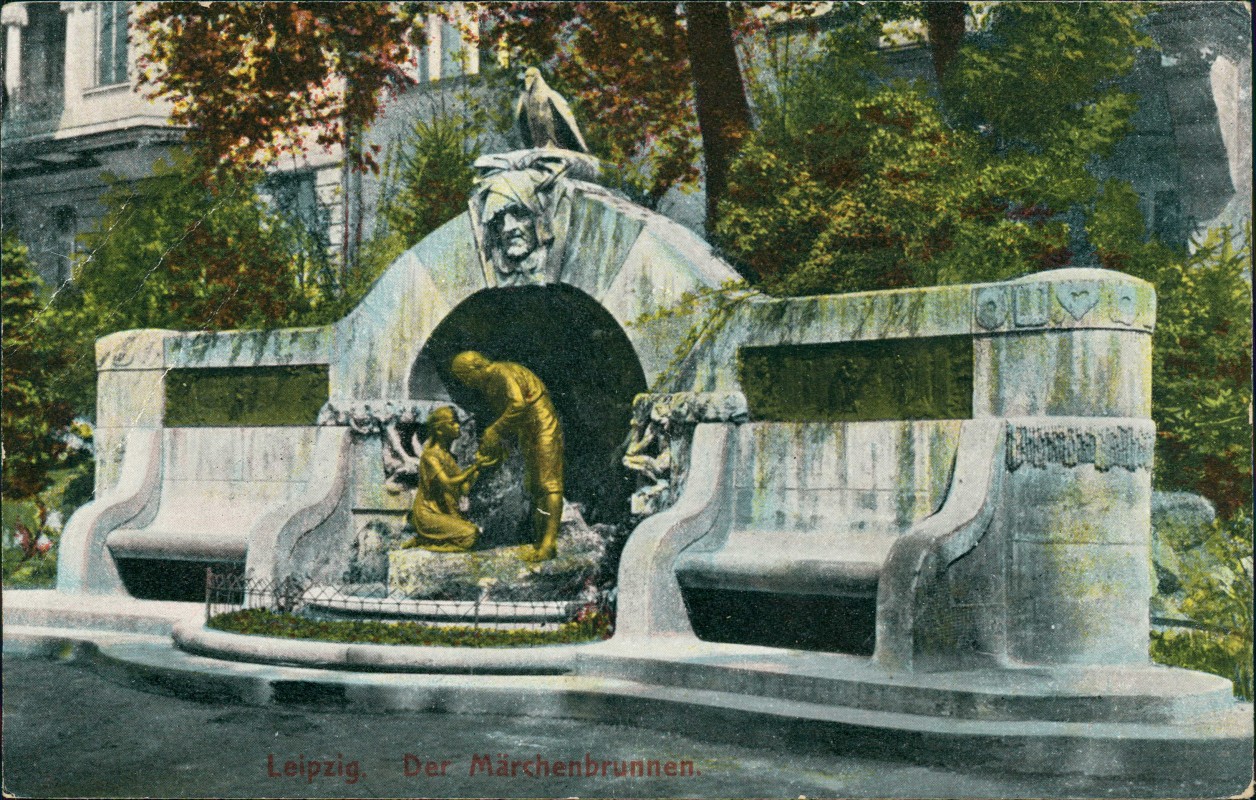 zoom: Image side vintage Postcard from 1914: Der Märchenbrunnen:: Leipzig
