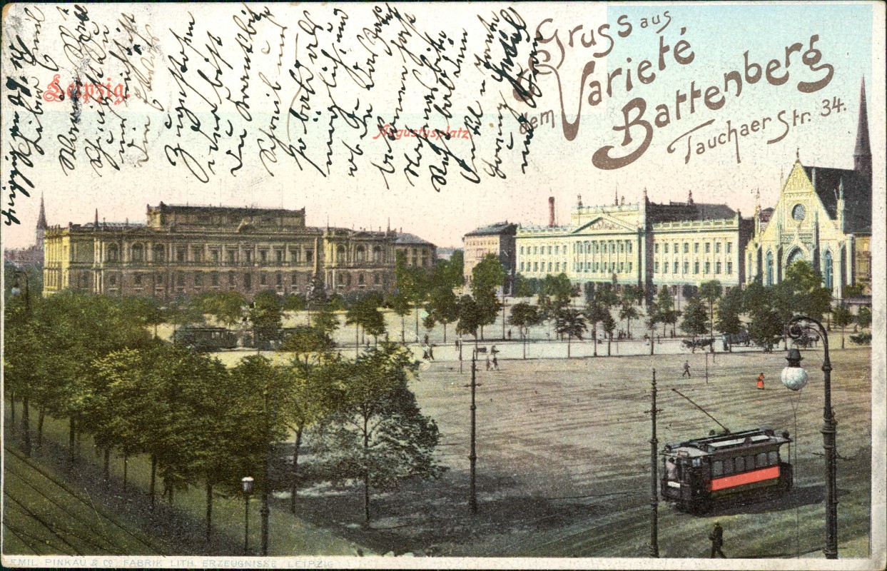 zoom: Image side vintage Postcard from 1901: Augustusplatz Werbekarte Variete Battenberg Tauchaerstraße:: Leipzig