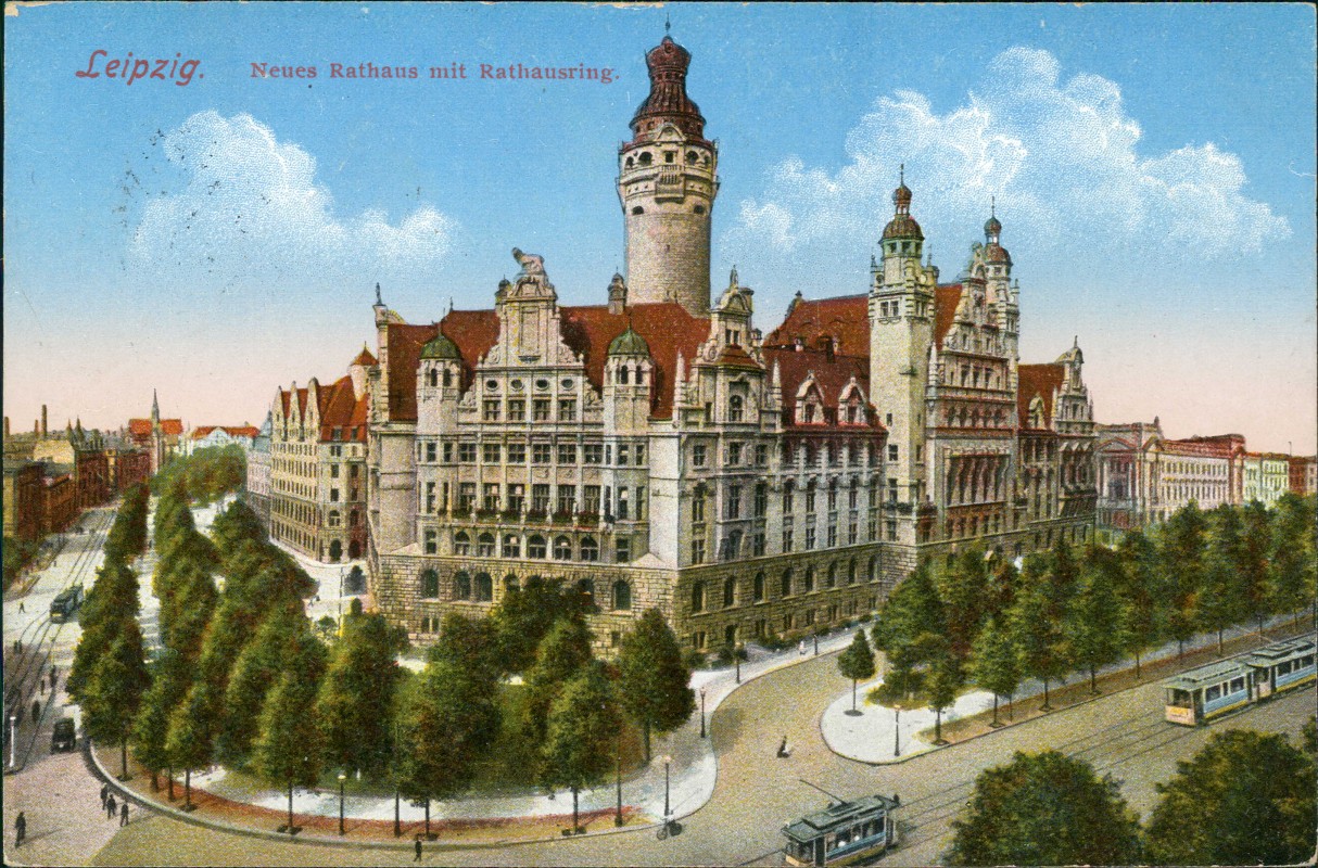vergrößern: Bildseite historische Ansichtskarte von 1916: Neues Rathaus mit Rathausring:: Leipzig