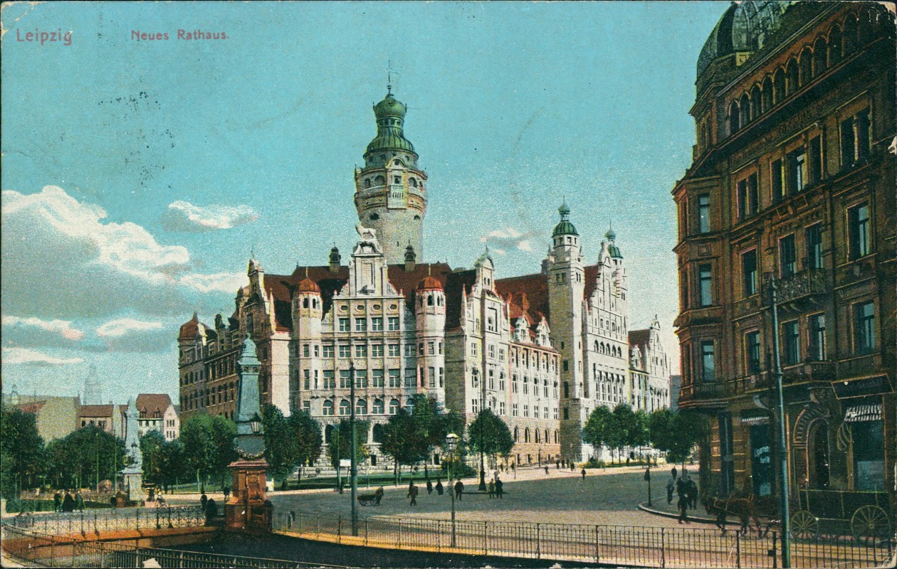 zoom: Image side vintage Postcard from 1907: Straßenpartie Neues Theater:: Leipzig