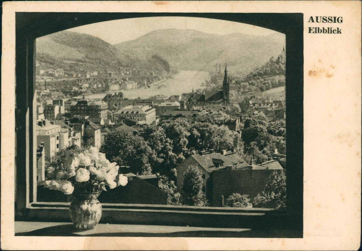 vergrößern: Bildseite historische Ansichtskarte von 1938: Elbblick aus dem Fenster:: Aussig