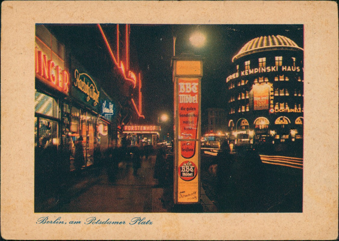 zoom: Image side vintage Postcard from 1930: Potsdamer Platz Leuchtreklame Coloraufnahme:: Tiergarten-Berlin
