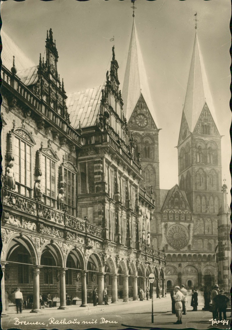 zoom: Image side vintage Postcard from 1960: Straßenszene am Rathaus Fotokarte:: Bremen