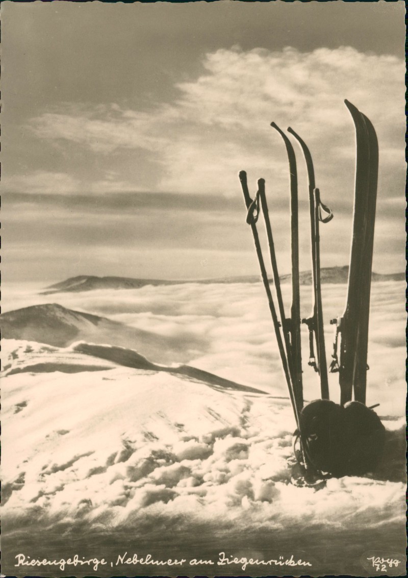 zoom: Image side vintage Postcard from 1950: Ziegenrücken Nebelmeer Skier:: Špindlerův Mlýn | Spindelmühle