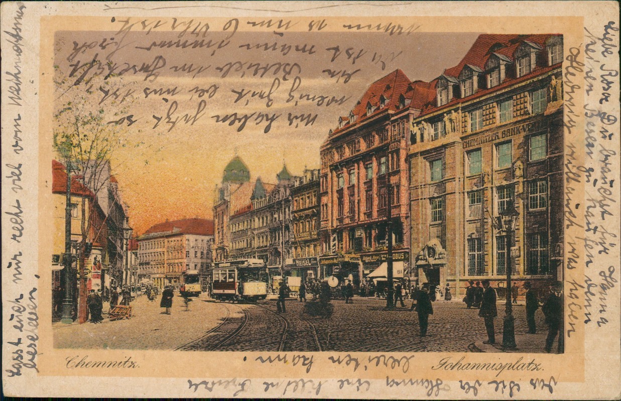 zoom: Image side vintage Postcard from 1923: Johannisplatz Straßenbahn:: Chemnitz