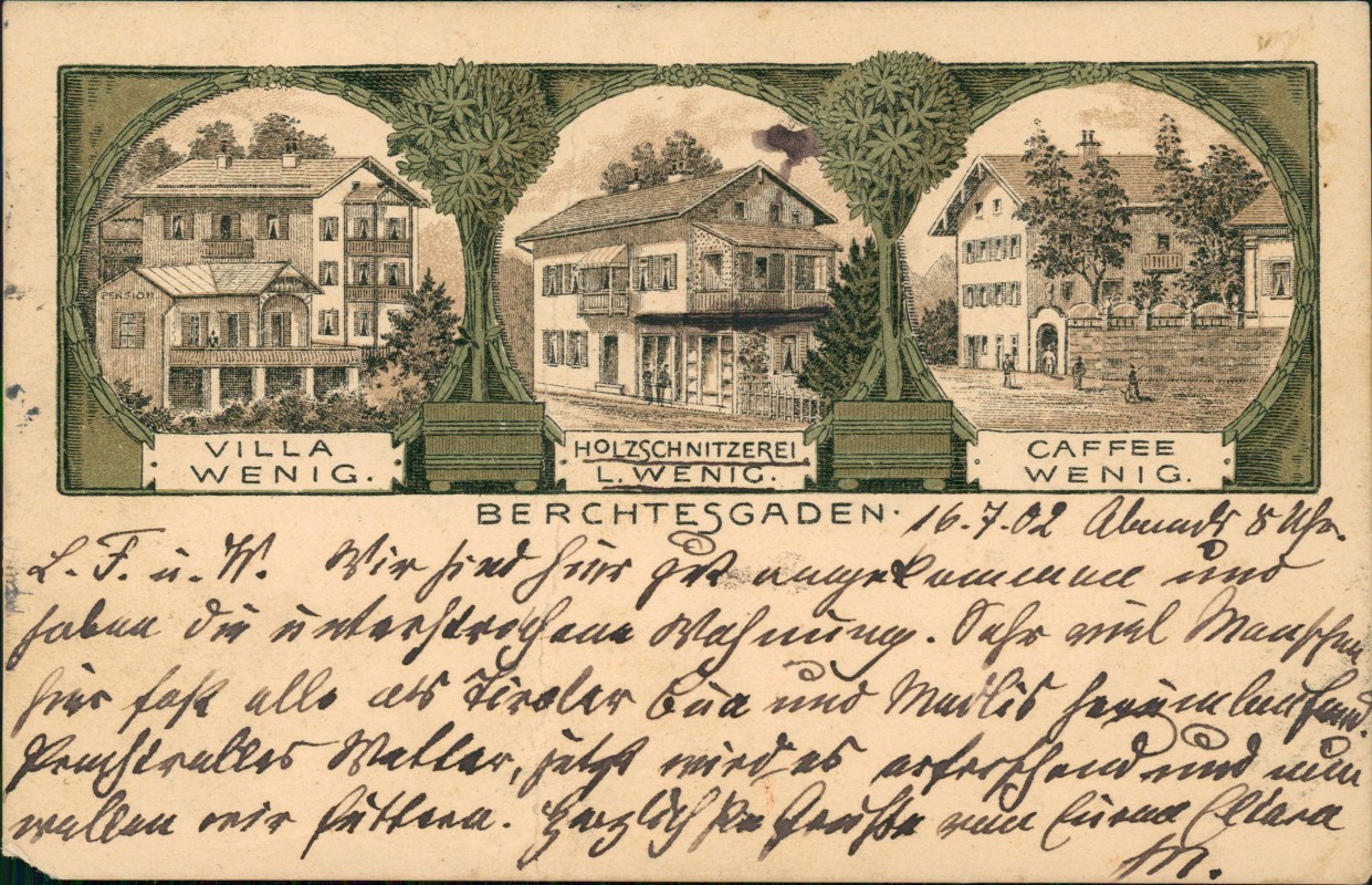 vergrößern: Bildseite historische Ansichtskarte von 1902: Villa Wenig Holzschnitzerei Wenig Cafe Wenig 3 Bild:: Berchtesgaden