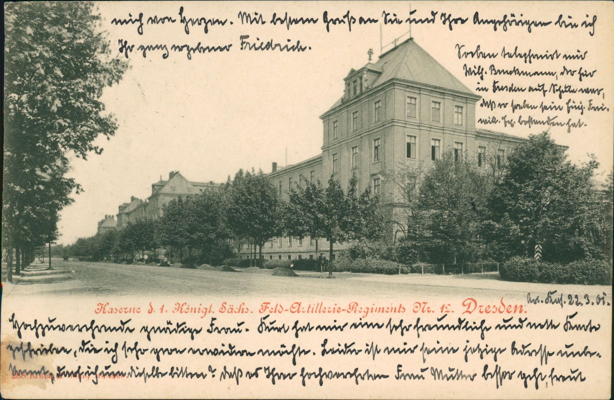 vergrößern: Bildseite historische Ansichtskarte von 1901: Kaserne Feld-Artillerie:: Äußere Neustadt-Dresden