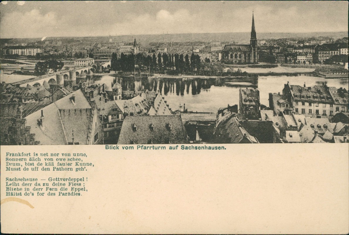 vergrößern: Bildseite historische Ansichtskarte von 1913: Blick vom Pfarrturm - Gedicht:: Sachsenhausen-Frankfurt am Main
