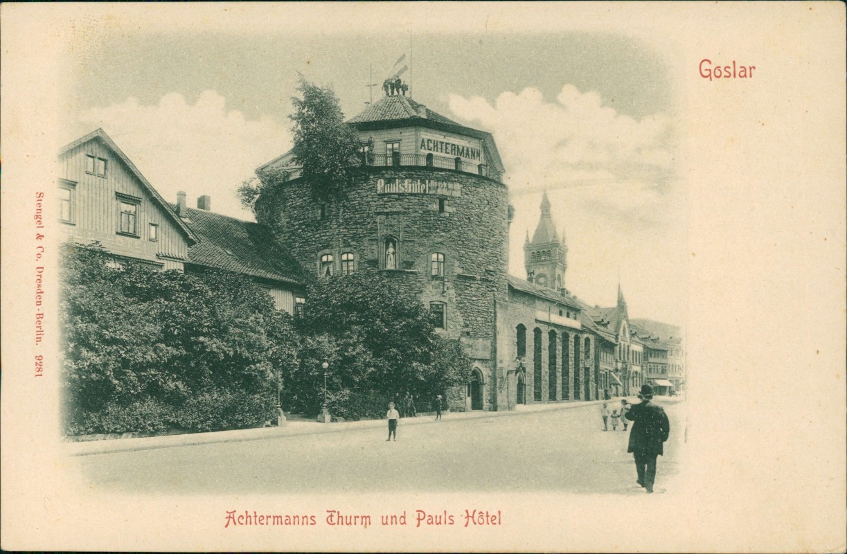 zoom: Image side vintage Postcard from 1903: Achtermanns Thurm und Pauls Hotel:: Goslar
