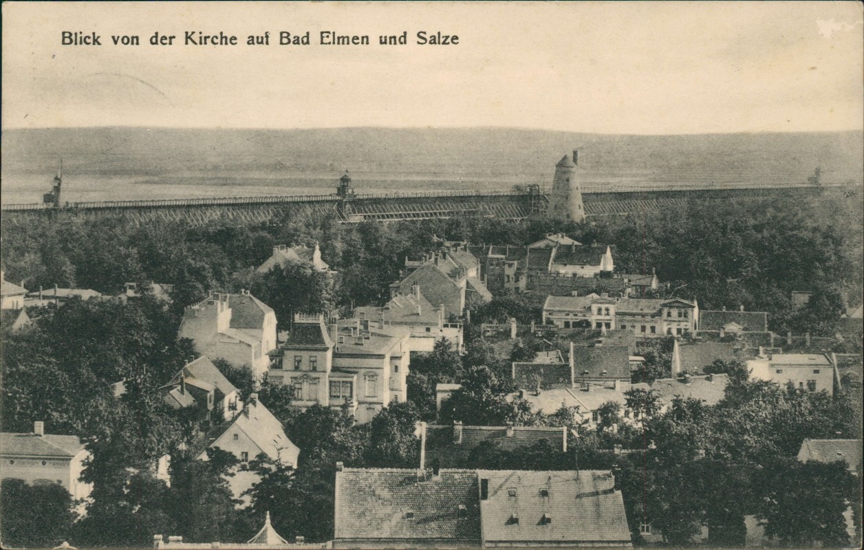 vergrößern: Bildseite historische Ansichtskarte von 1913: Blick von der Kirche auf Stadt und Salze:: Bad Salzelmen-Schönebeck (Elbe)