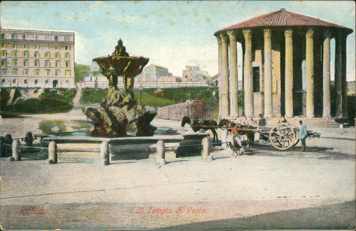 vergrößern: Bildseite historische Ansichtskarte von 1912: Il Tempio di Vesta Pferdefuhrwerk:: Rom