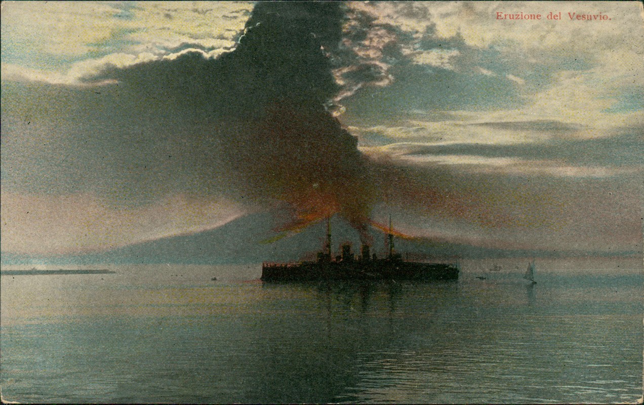 zoom: Image side vintage Postcard from 1912: Eruzione Vesuv Vesuvio Kriegsschiff:: Naples