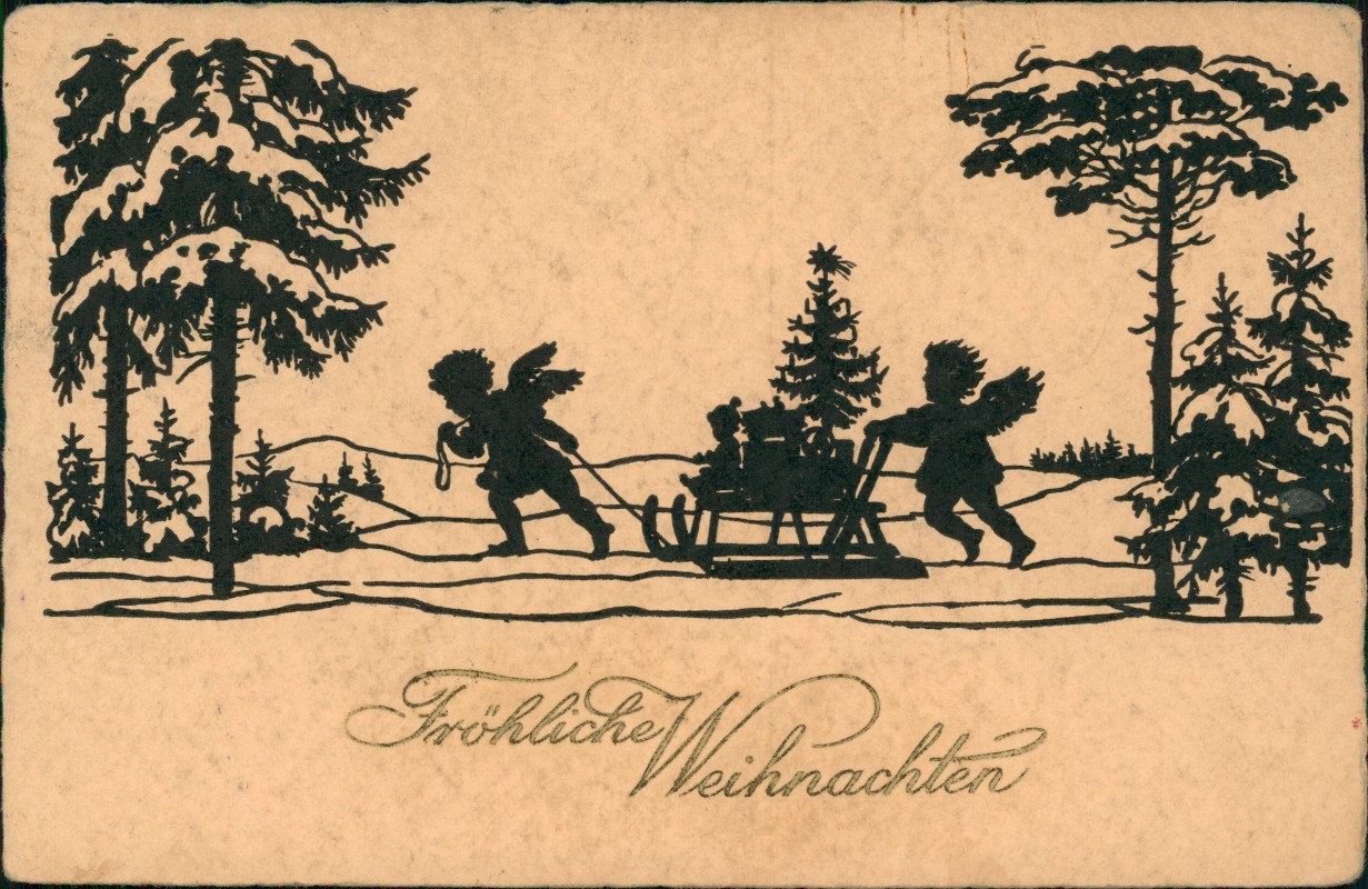 zoom: Image side vintage Postcard from 1919: Weihnachten Christmas Schattenschnitt Engel Schlitten::