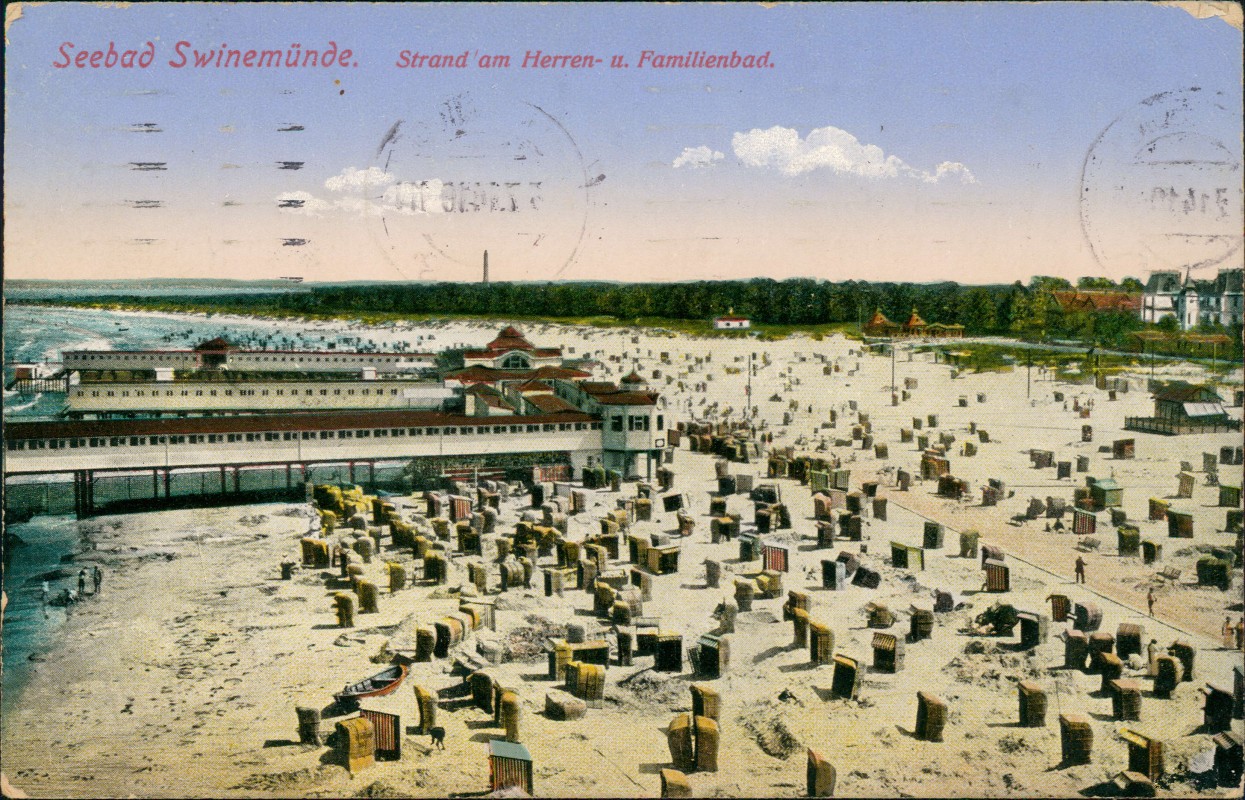 zoom: Image side vintage Postcard from 1914: Strand am Herren- u. Familienbad.:: Świnoujście