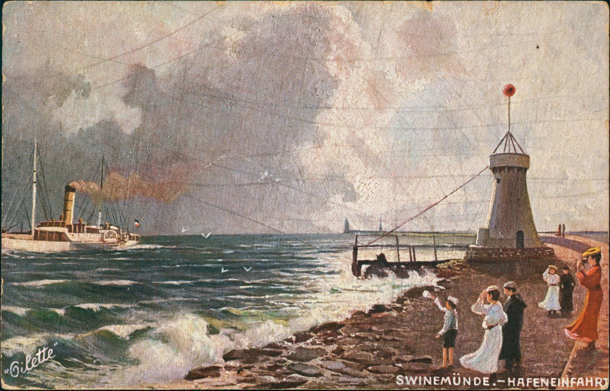 zoom: Image side vintage Postcard from 1912: Hafeneinfahrt Dampfer Künstlerkarte Pommern:: Świnoujście