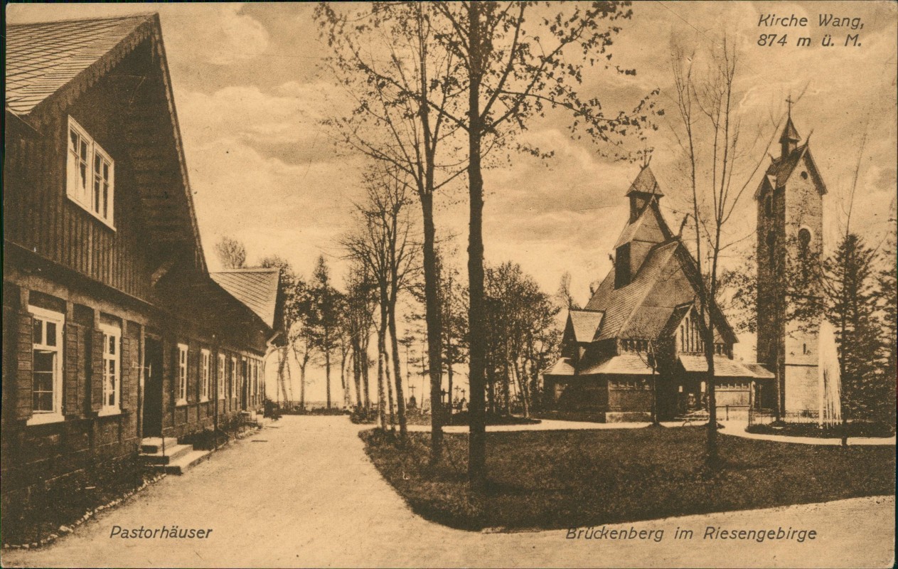 vergrößern: Bildseite historische Ansichtskarte von 1929: Pastorhäuser Kirche Wang:: Brückenberg-Krummhübel