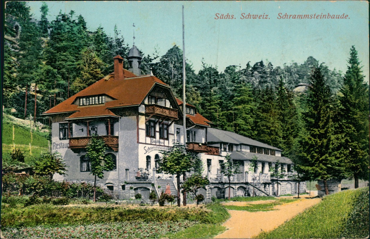 zoom: Image side vintage Postcard from 1913: Schrammsteinbaude:: Ostrau-Bad Schandau