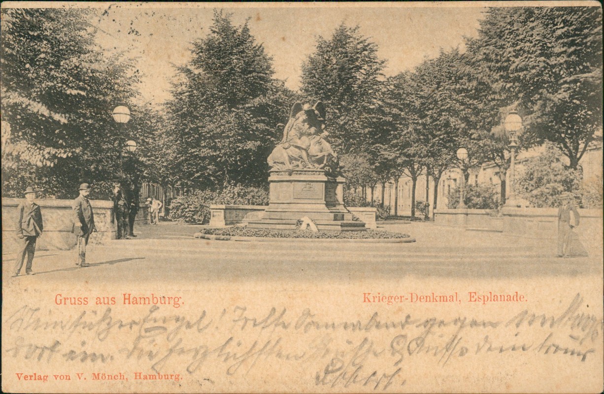 vergrößern: Bildseite historische Ansichtskarte von 1920: Krieger-Denkmal, Esplanade.:: Hamburg