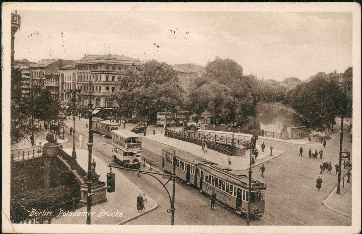 zoom: Image side vintage Postcard from 1929: Potsdamer Brücke Straßenbahn Bus:: Tiergarten-Berlin