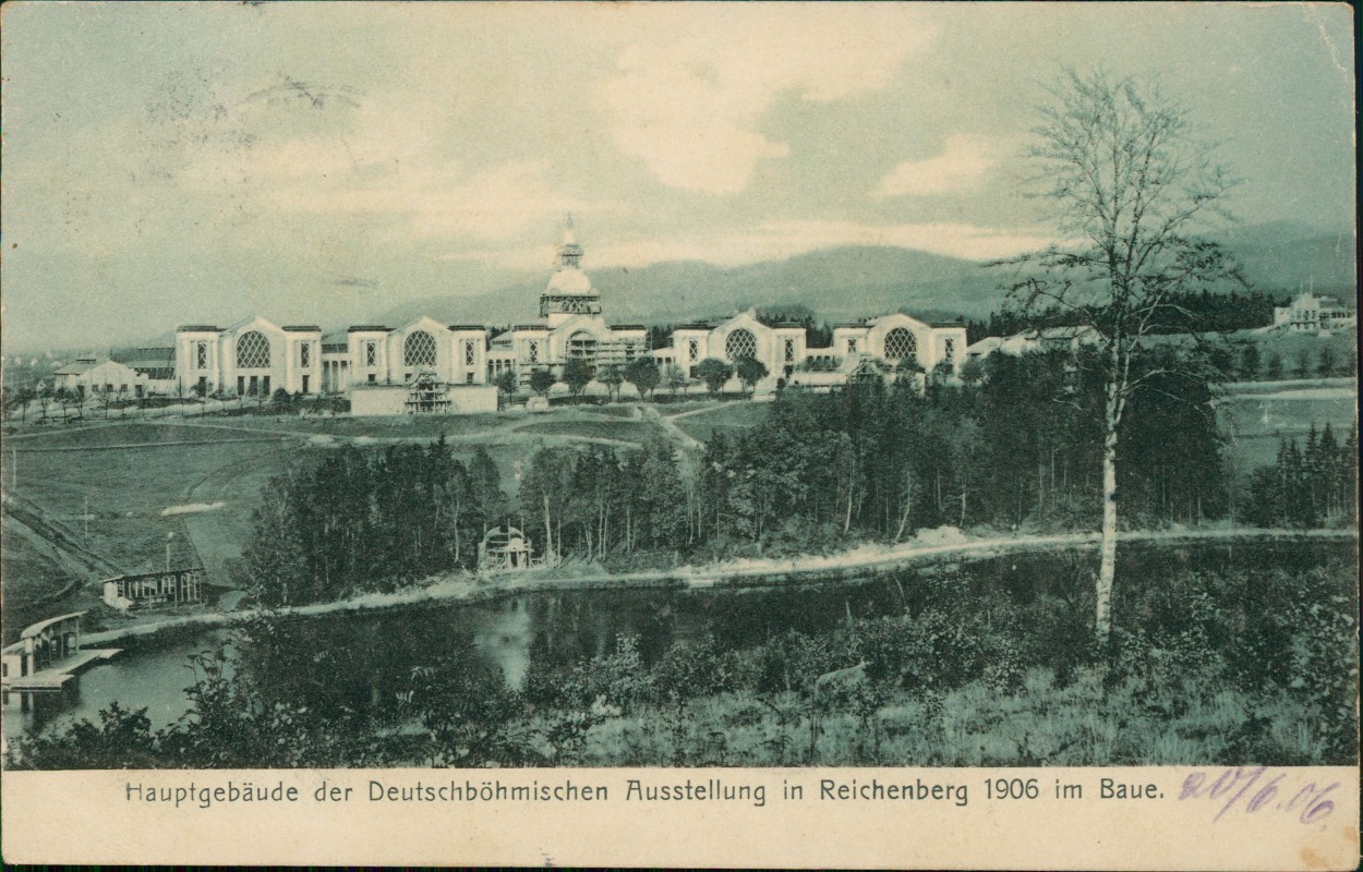 zoom: Image side vintage Postcard from 1906: Hauptgebäude deutschböhmische Ausstellung:: Liberec