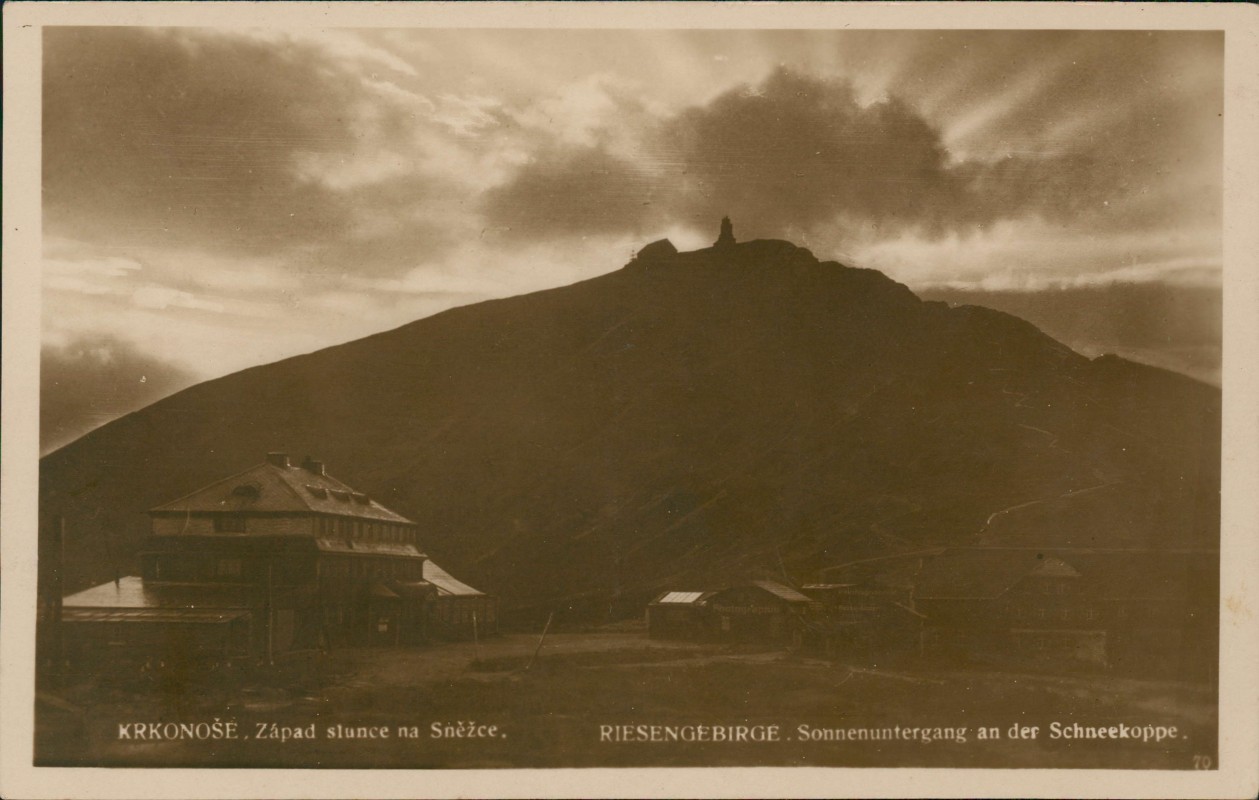 zoom: Image side vintage Postcard from 1927: Sonnenuntergang an der Schneekoppe.:: Karpacz
