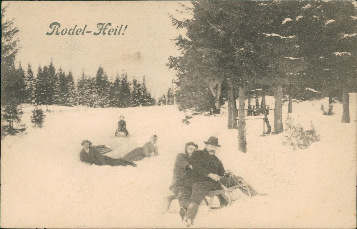 zoom: Image side vintage Postcard from 1908: Wintersport: Schlitten Rodeln Rodel-Heil!::
