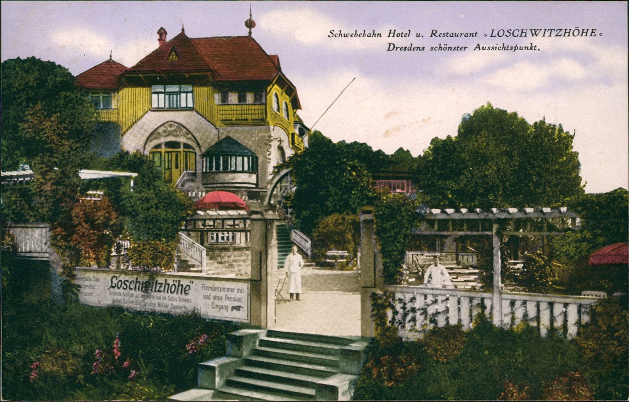 vergrößern: Bildseite historische Ansichtskarte von 1928: Schwebebahn Hotel u. Restaurant LOSCHWITZHÖHE:: Loschwitz-Dresden