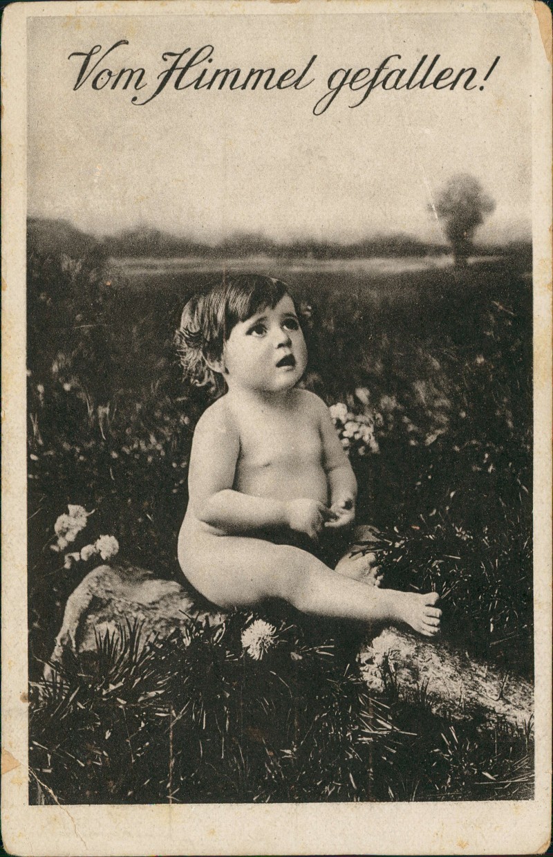 zoom: Image side vintage Postcard from 1916: Geburt eines Kindes Vom Himmel gefallen! Säuglingsfürsorge E.V.::