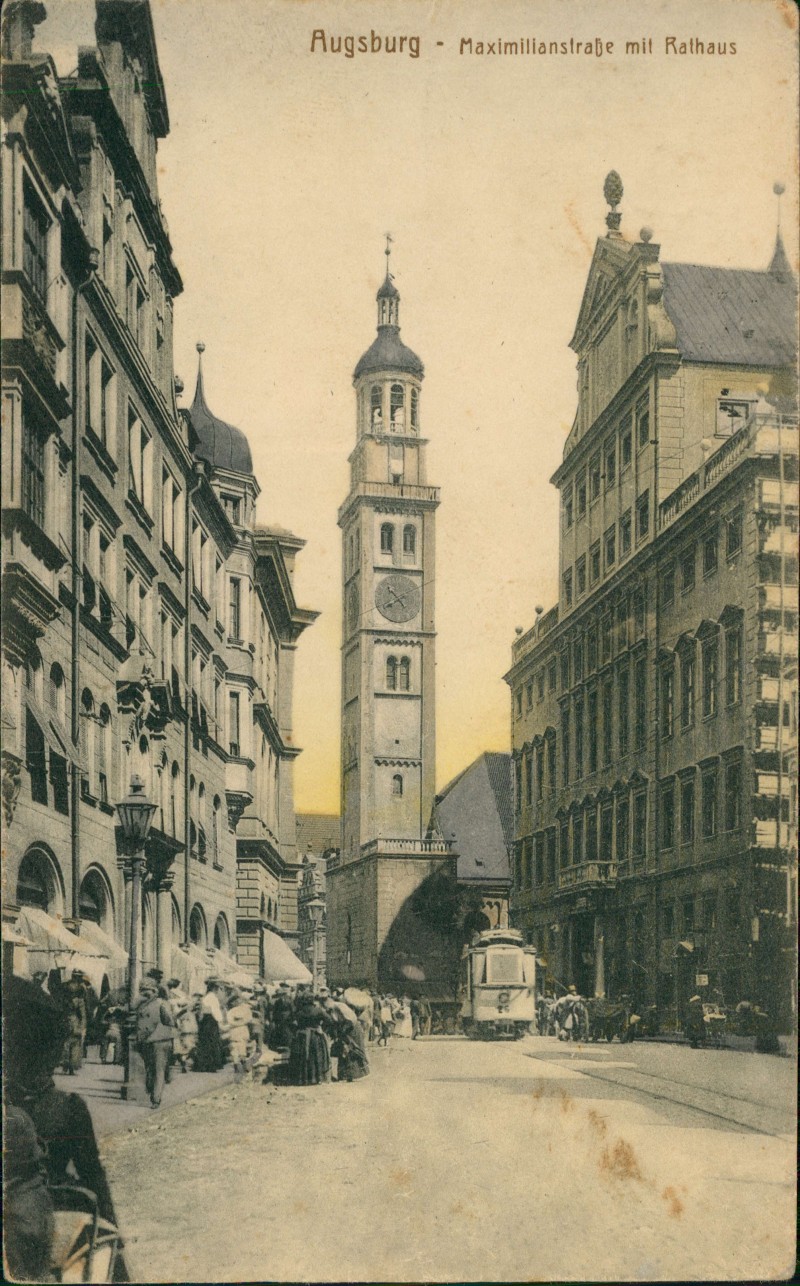 zoom: Image side vintage Postcard from 1917: Maximilianstrasse Straßenbahn:: Augsburg